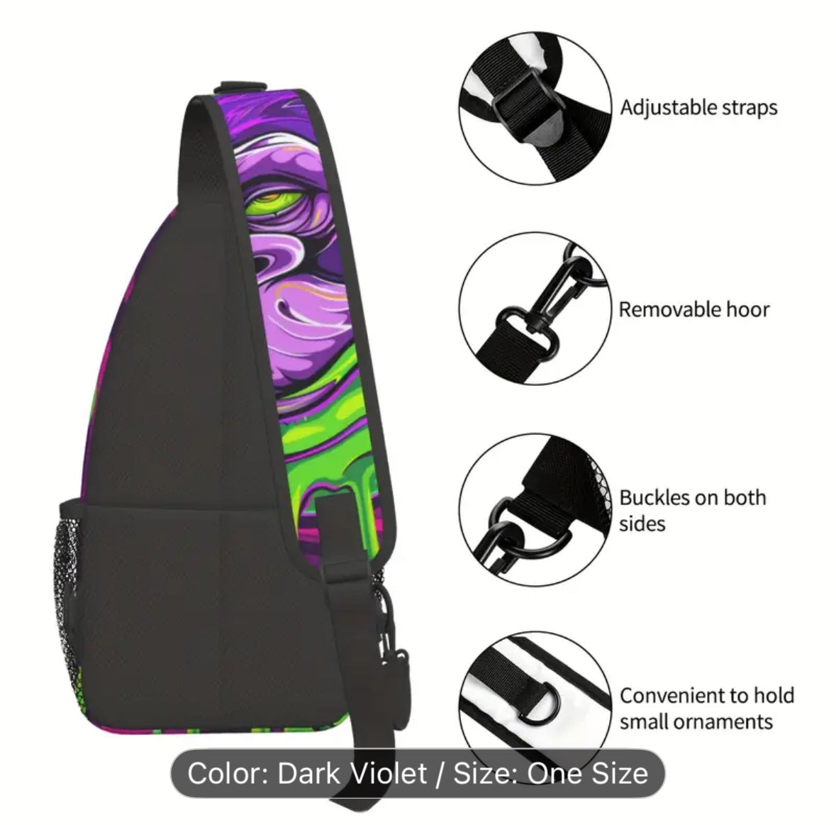 Dark violet abstract art crossbody bag with adjustable straps and removable hook.