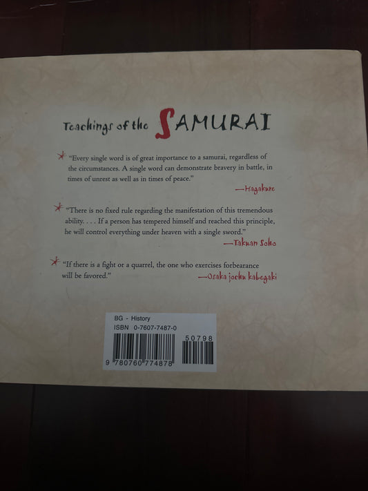 Back cover of Teachings of the Samurai book with quotes and ISBN details.
