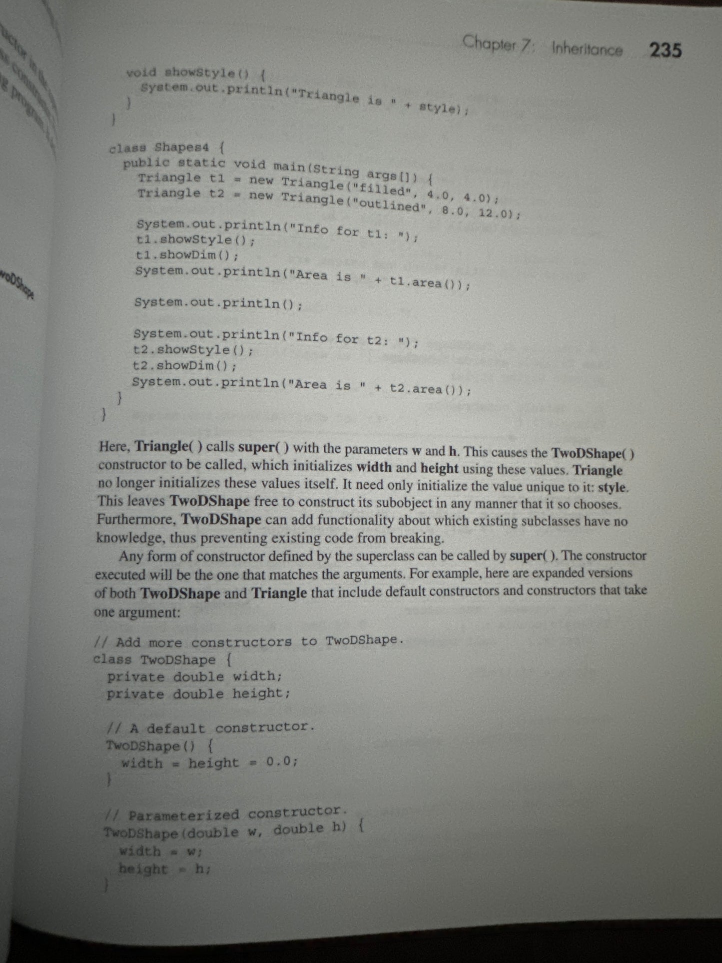 Java code snippet on inheritance and constructors in a textbook.