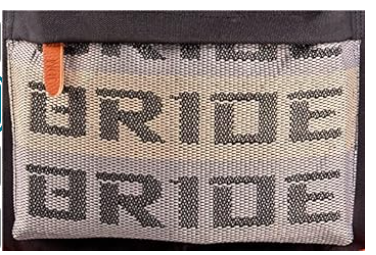 Beige mesh bag with BRIDE text in black and orange accents.
