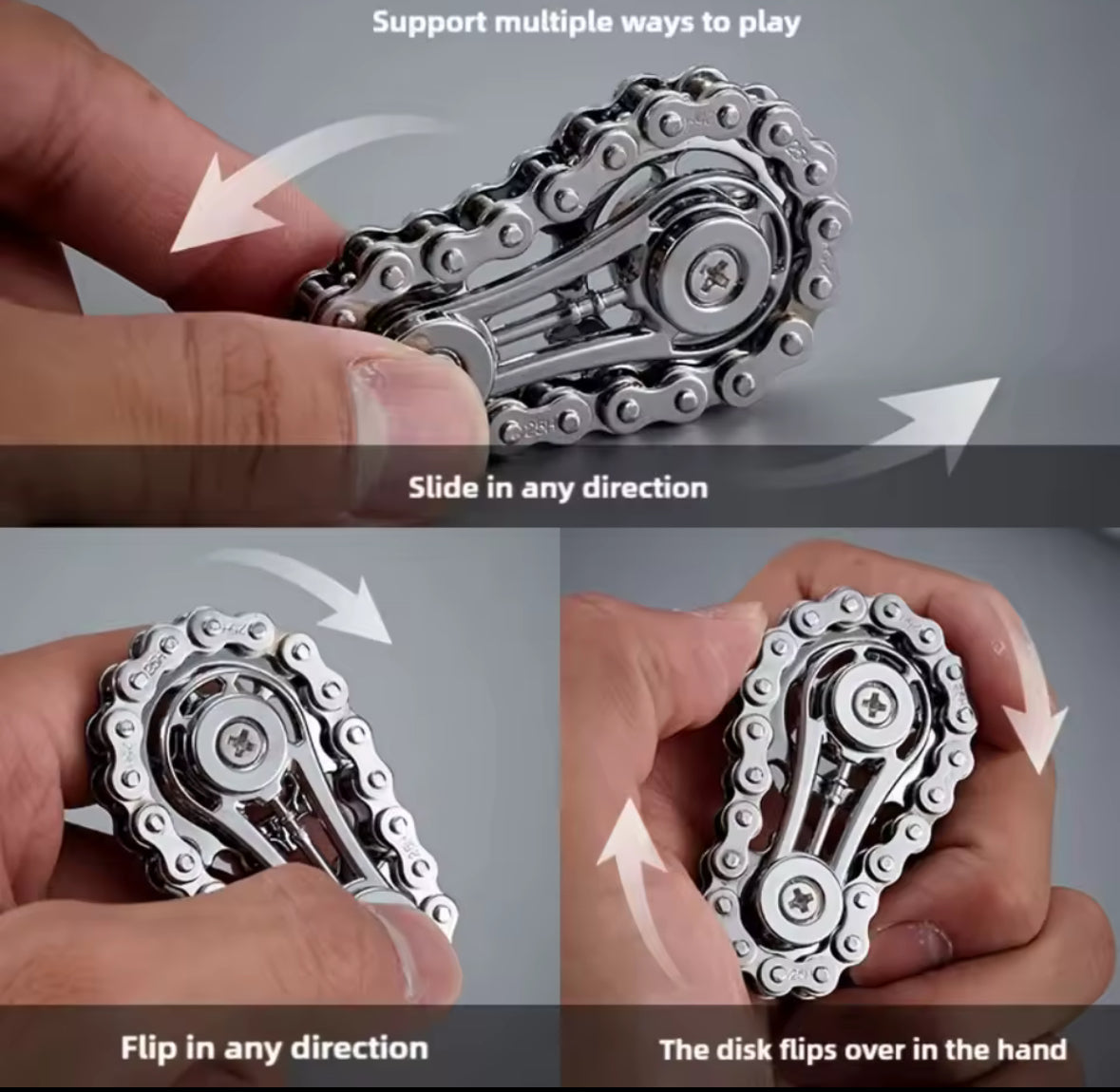 Metal chain fidget spinner with rotating gears and sliding mechanism.