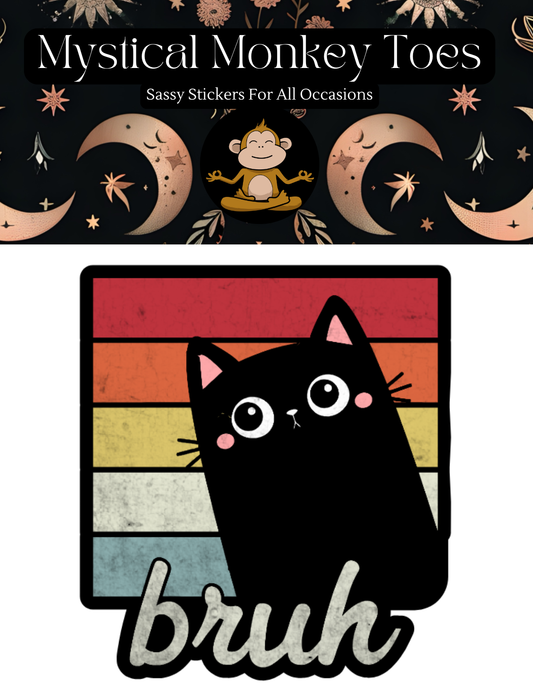 Cute black cat sticker with bruh text on colorful background.
