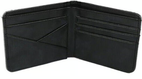 Black leather bi-fold wallet with multiple card slots and a bill compartment.