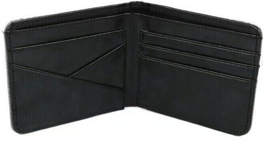 Black leather bi-fold wallet with multiple card slots and a bill compartment.