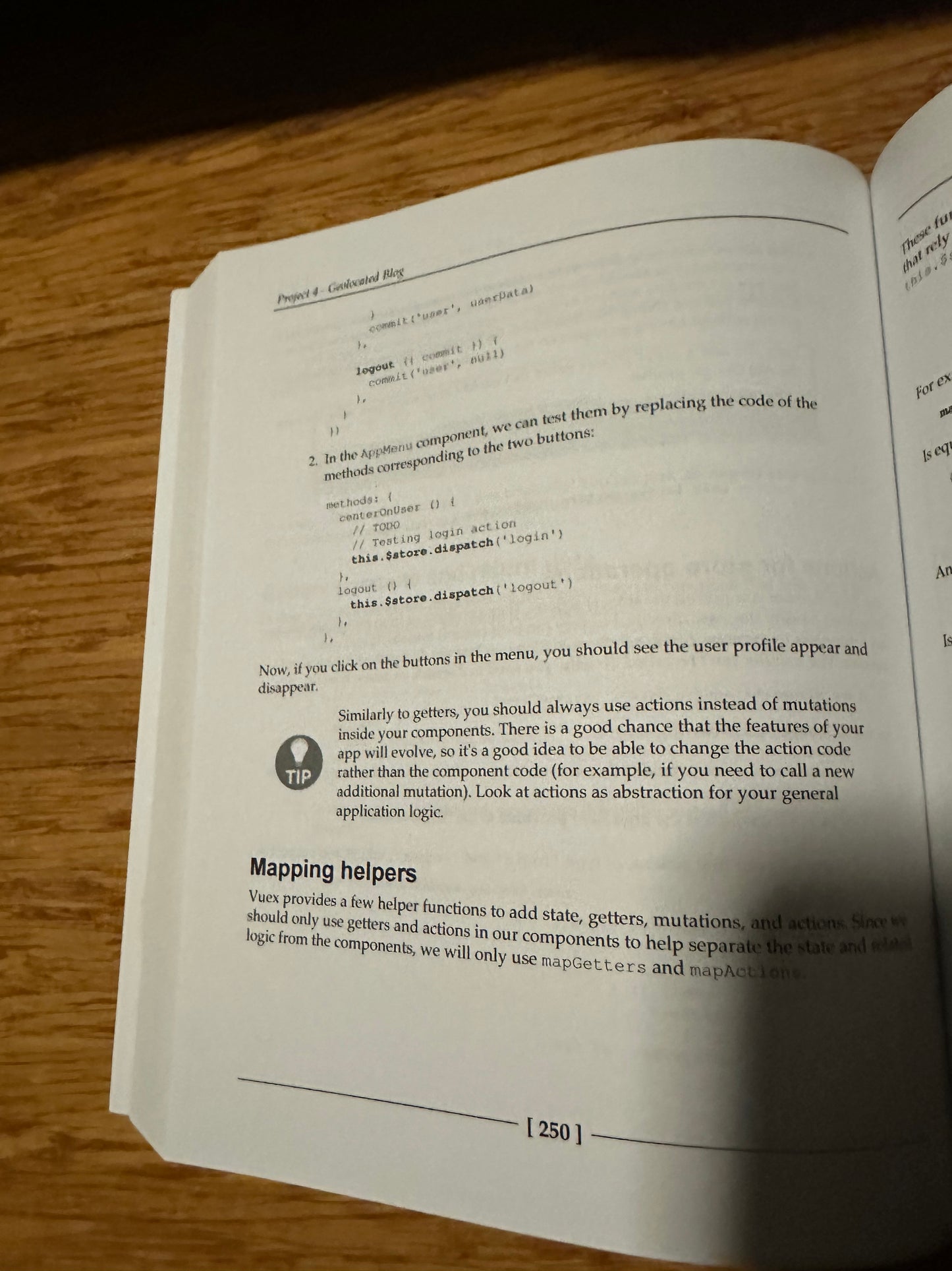 Open book page with code and text on Vuex mapping helpers.