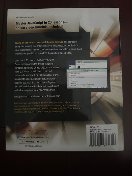 Back cover of Master JavaScript in 20 Lessons book with online video tutorials.