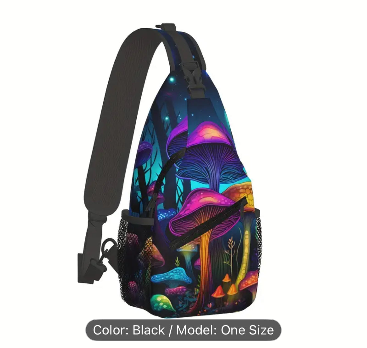 Colorful mushroom-themed black sling bag with adjustable strap.