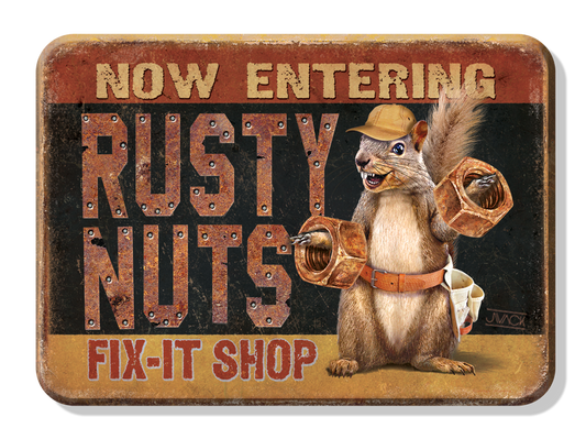Vintage sign featuring a squirrel holding nuts, Rusty Nuts Fix-It Shop text.