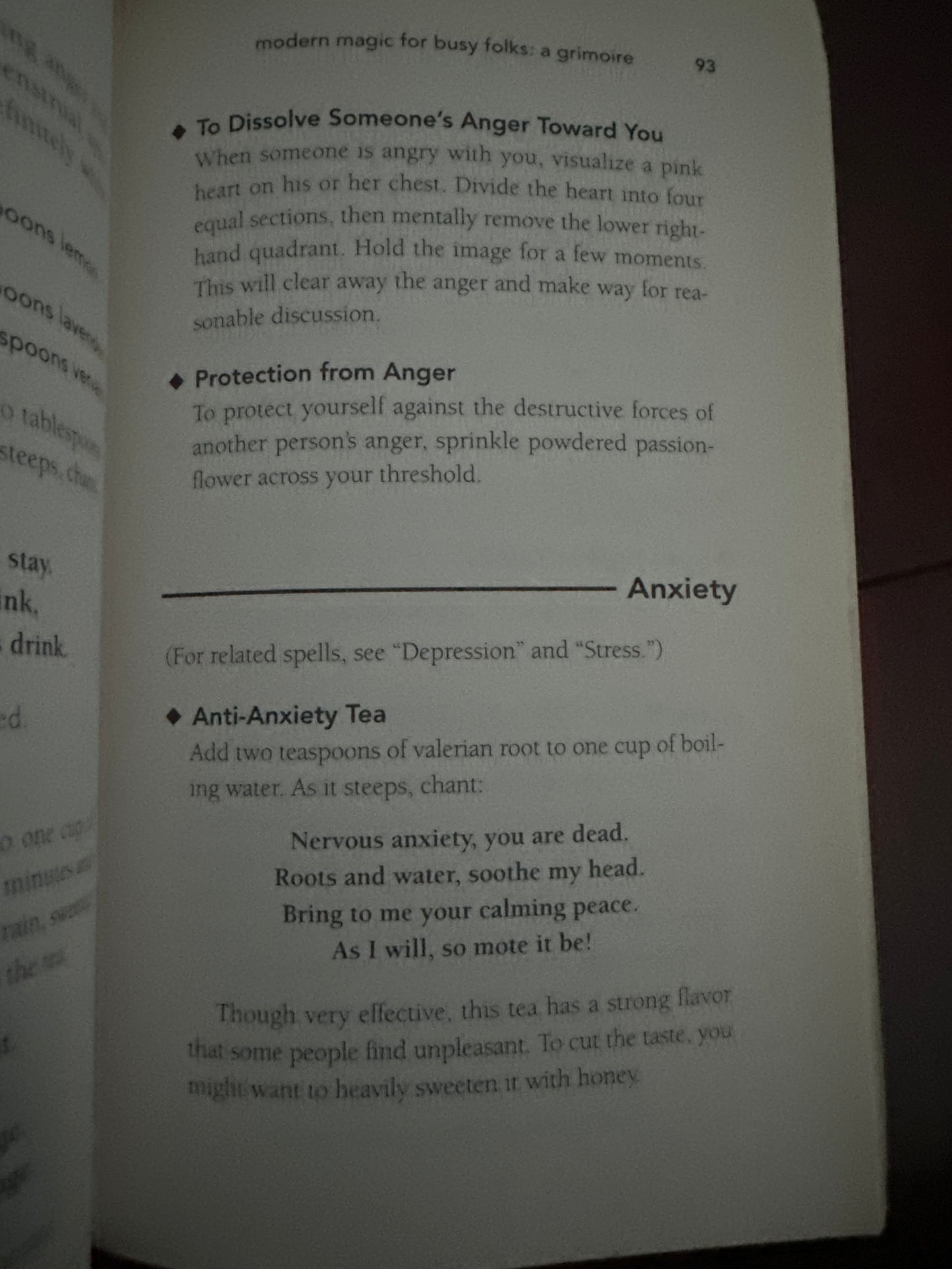 Book page with spells for anger and anxiety management.