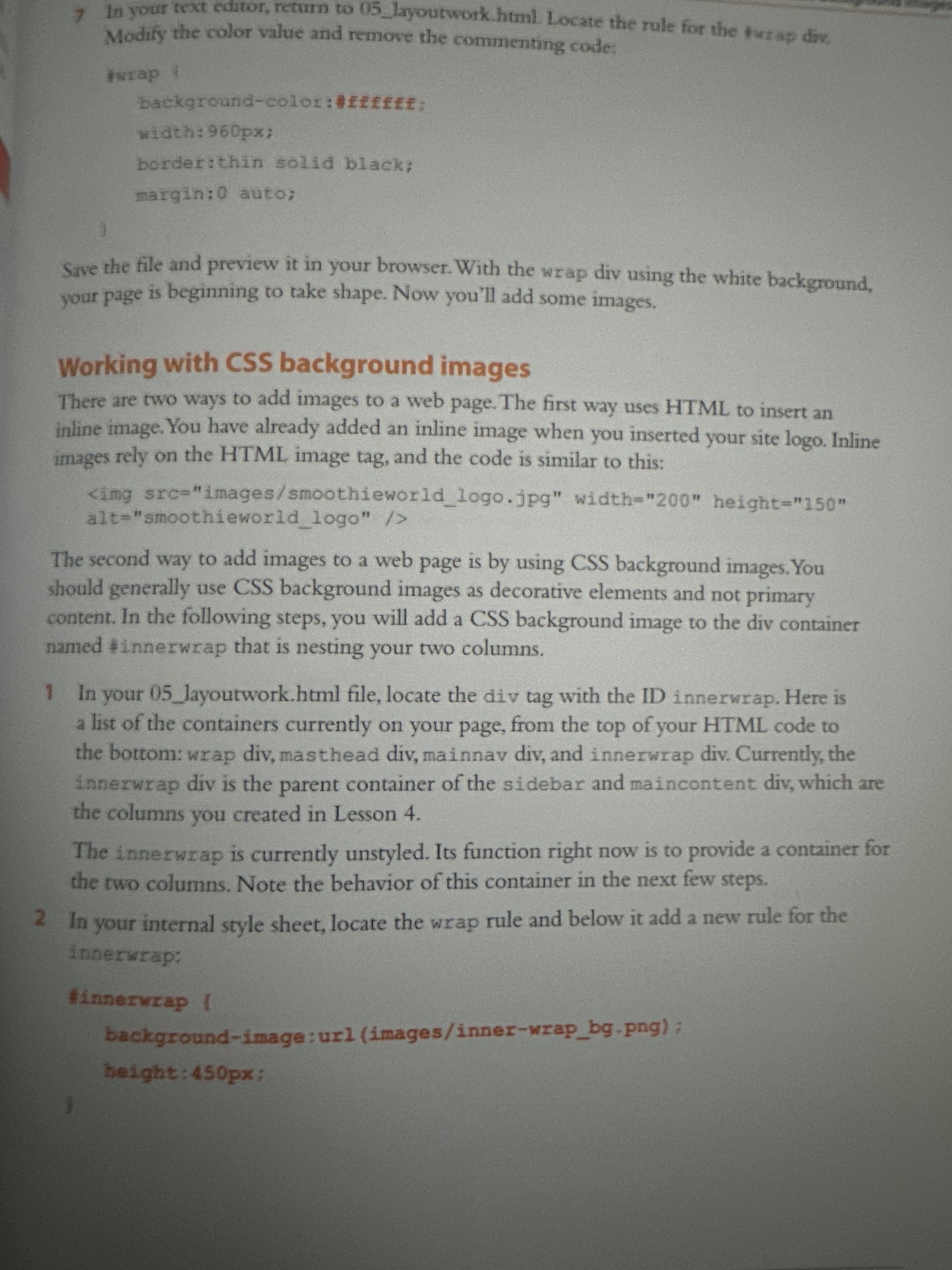 Page with CSS code for web layout and image insertion instructions.