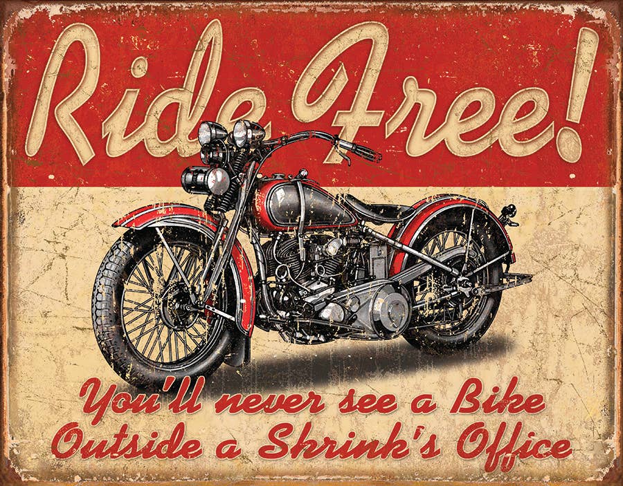 Vintage motorcycle illustration on a Ride Free sign.