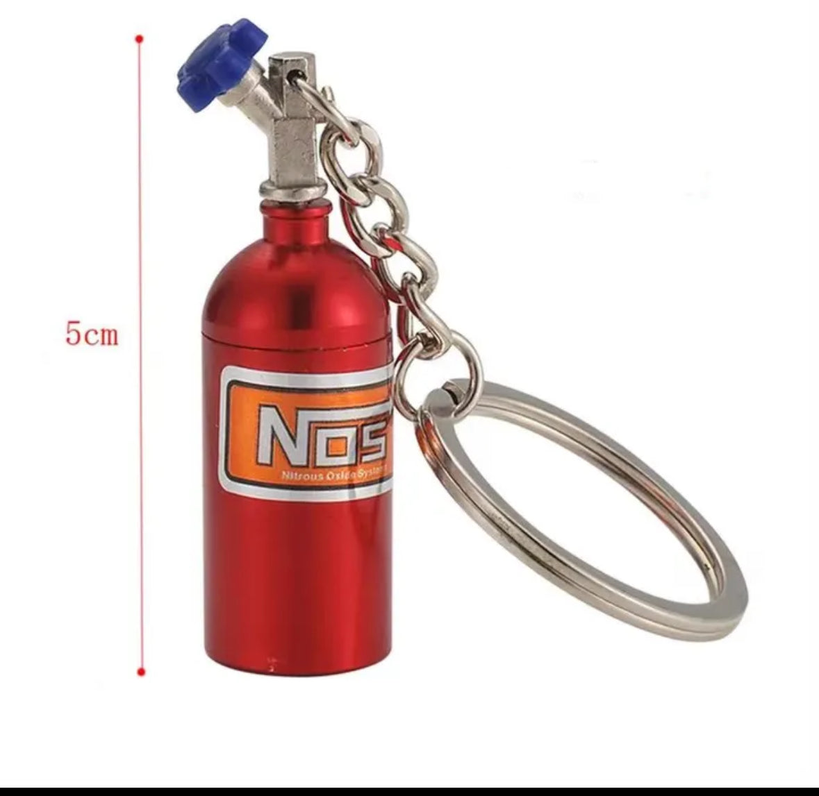 Red NOS nitrous oxide keychain with chain and ring, 5cm tall.