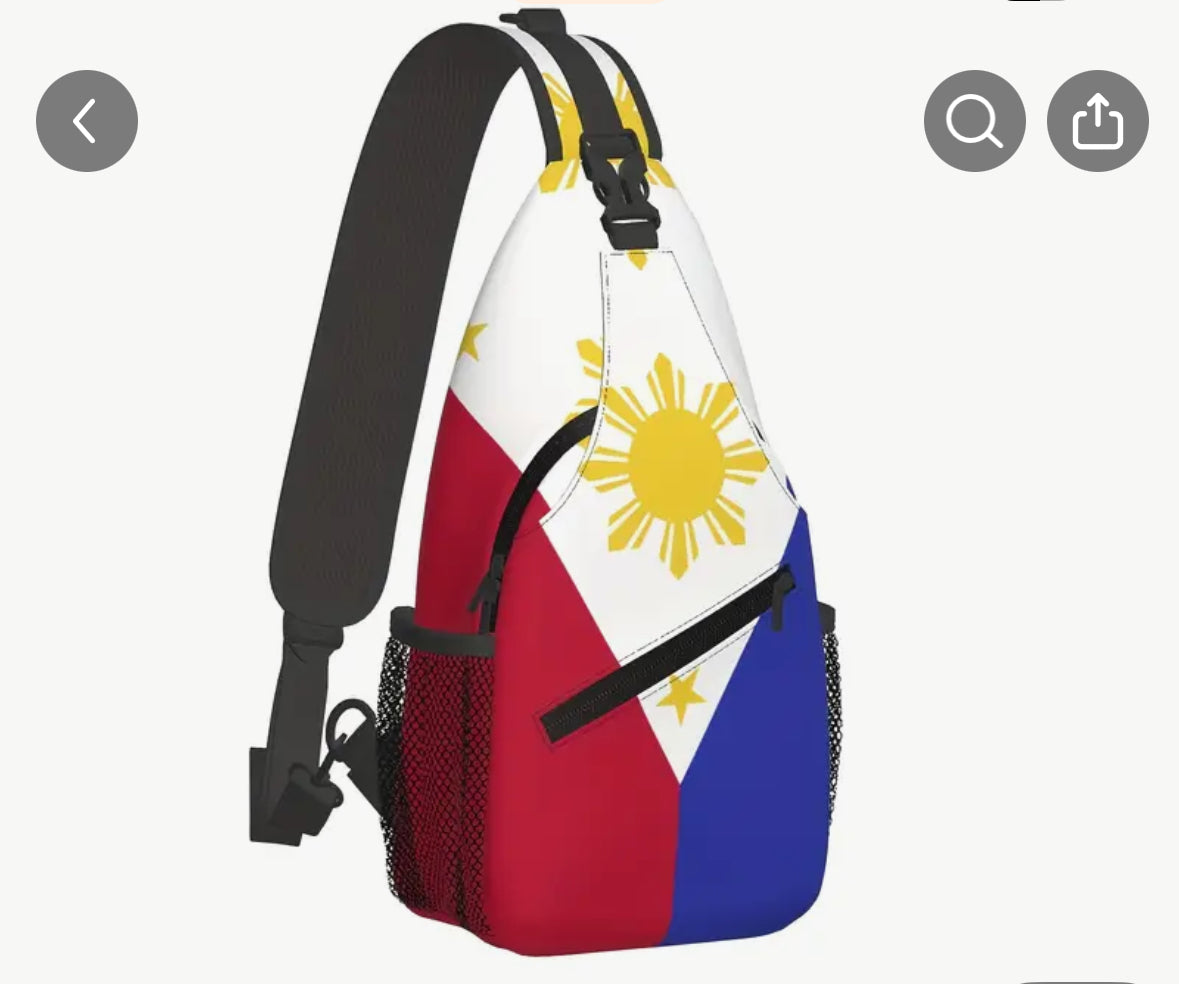 Philippine flag-themed sling backpack with sun and stars design.