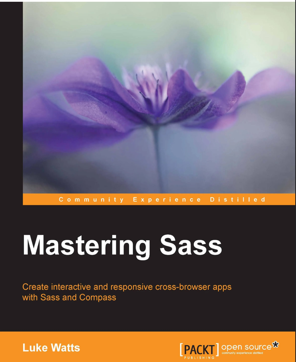 Purple flower on Mastering Sass book cover by Luke Watts.