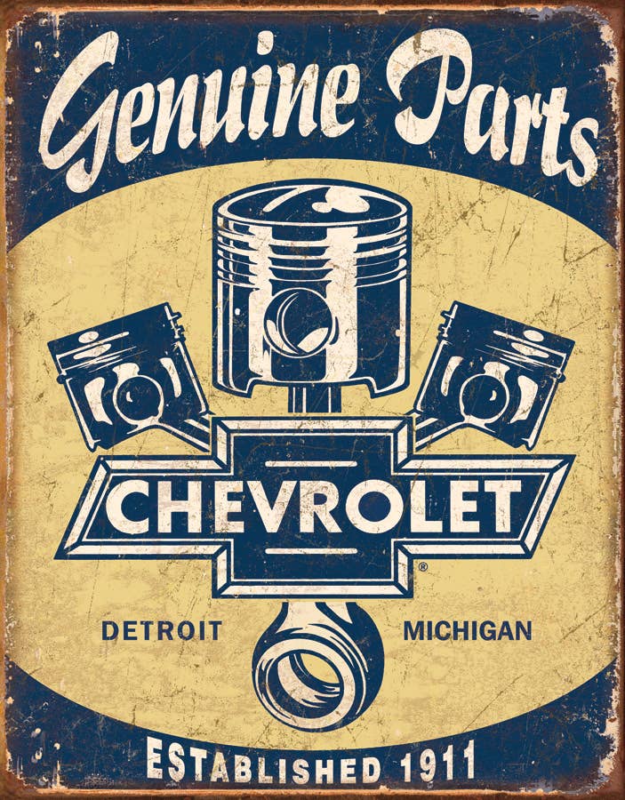 Vintage Chevrolet Genuine Parts sign with pistons and wheel hub.