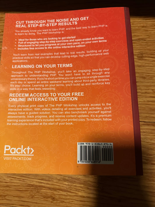 Back cover of The PHP Workshop book with learning details and barcode.