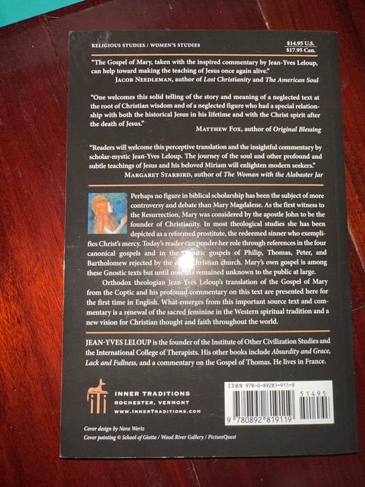 Back cover of The Gospel of Mary by Jean-Yves Leloup, featuring scholarly commentary and historical insights.