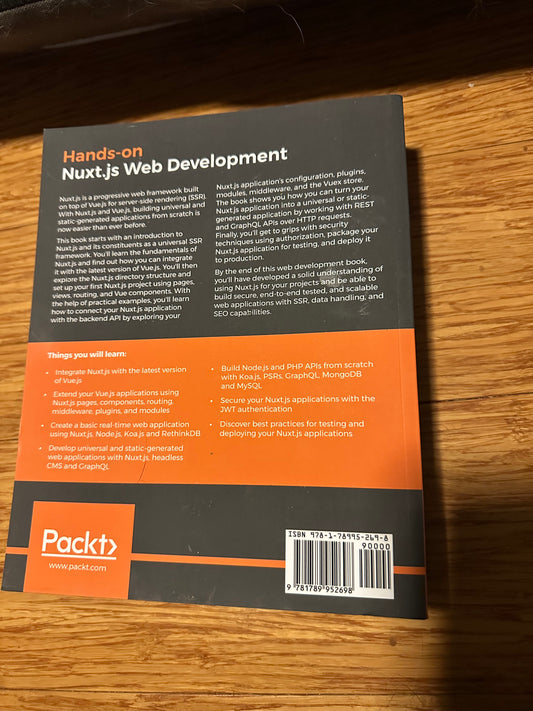 Back cover of Hands-on Nuxt.js Web Development book by Packt, detailing Nuxt.js web development topics.