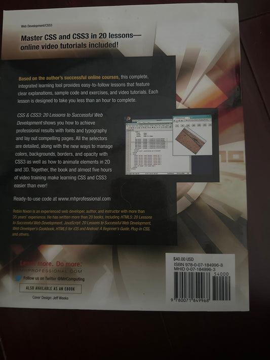 Back cover of CSS CSS3 book with online video tutorials and pricing details.