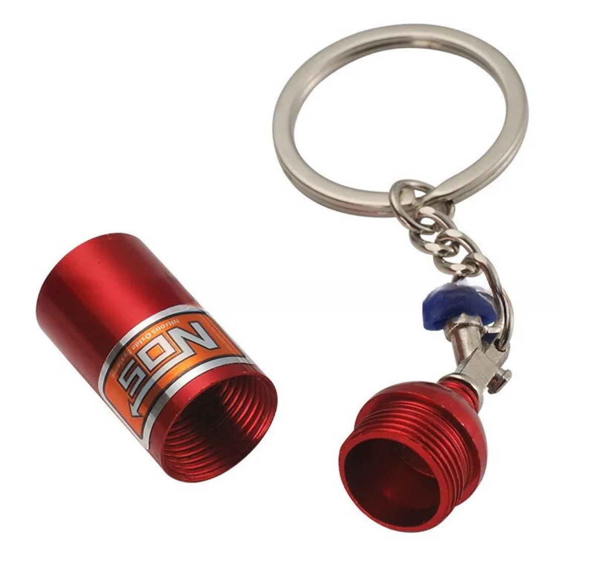 Red aluminum keychain with SON logo and cylindrical attachment.