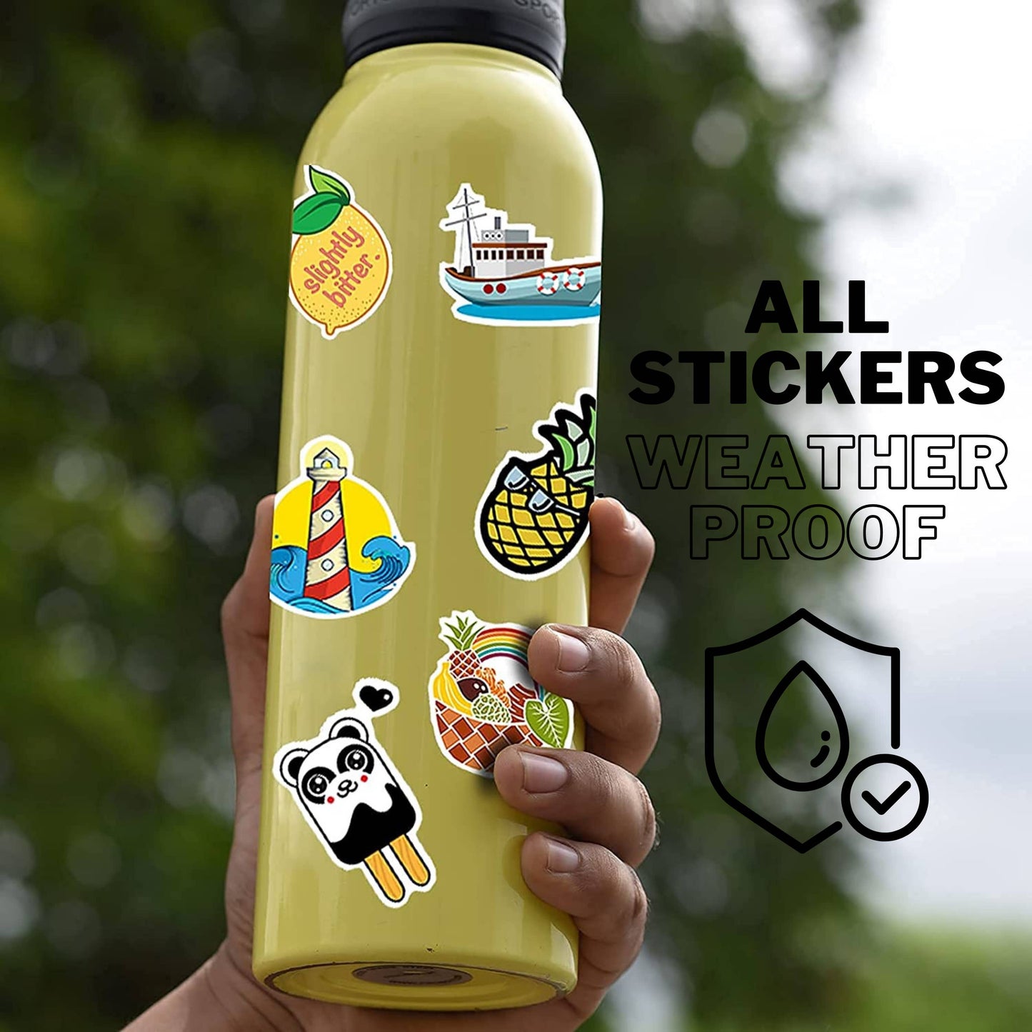 Yellow water bottle with colorful stickers featuring, pineapple, lighthouse, and panda.