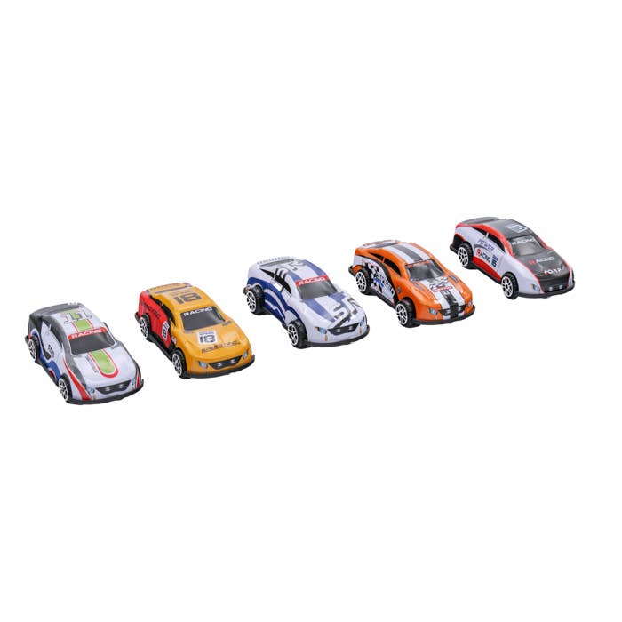 Five colorful toy racing cars lined up on a white background.