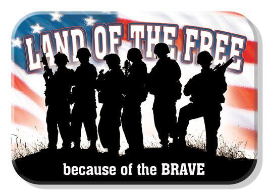 Silhouette of soldiers with Land of the Free text and American flag background.