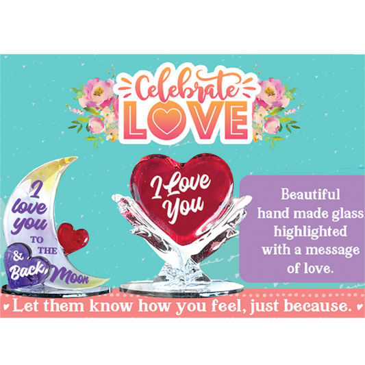 Handmade glass heart with I Love You message, romantic decor.