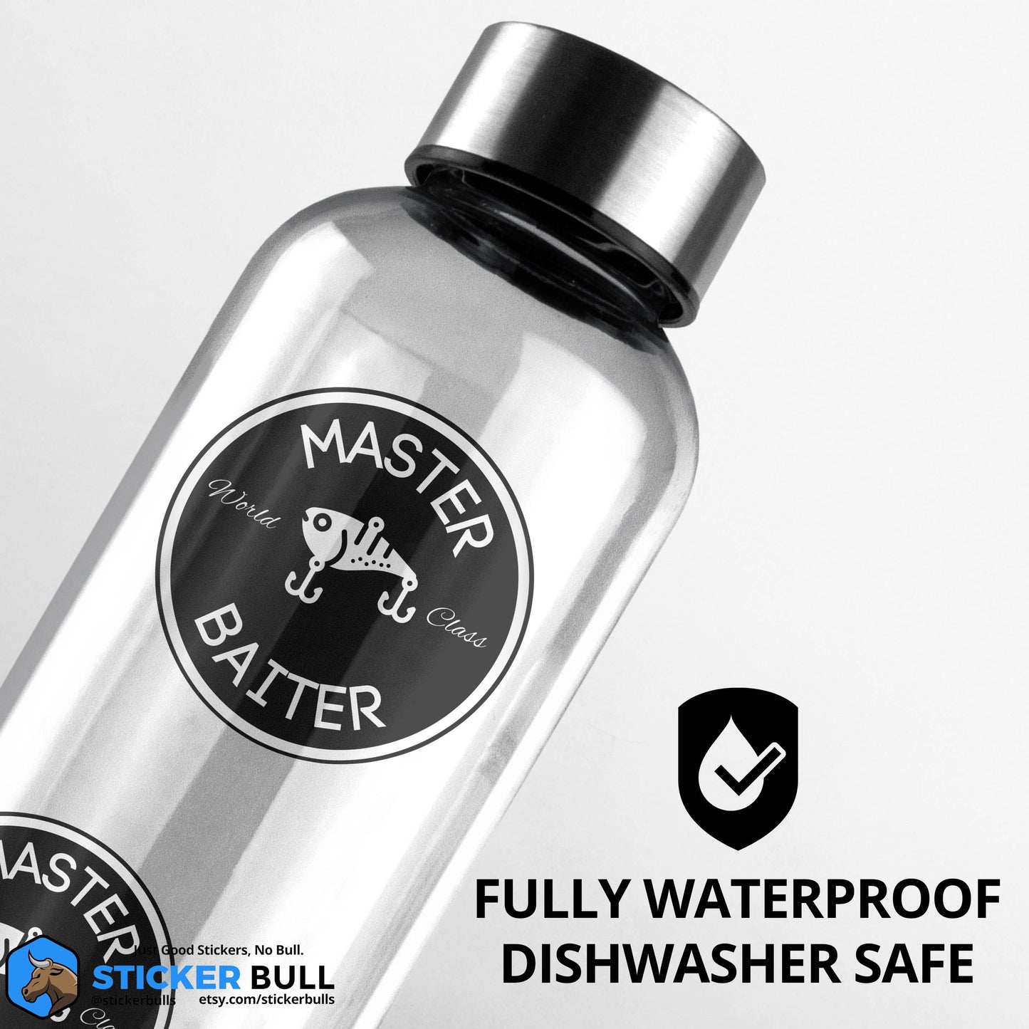 Clear water bottle with Master Baiter sticker and fishing lure design.