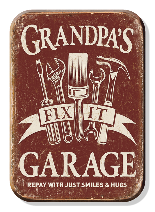 Vintage Grandpas Fix It Garage sign with tools and distressed look.