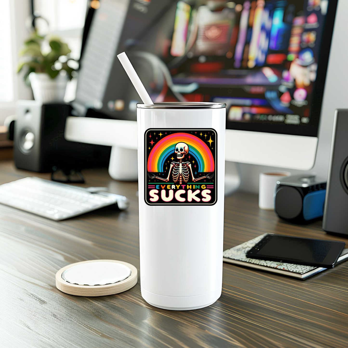 White tumbler with Everything Sucks skeleton design on desk.