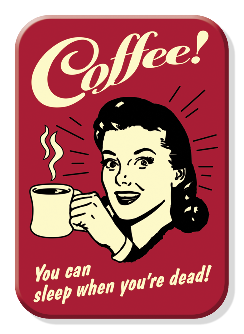 Vintage coffee poster with woman holding a steaming cup.