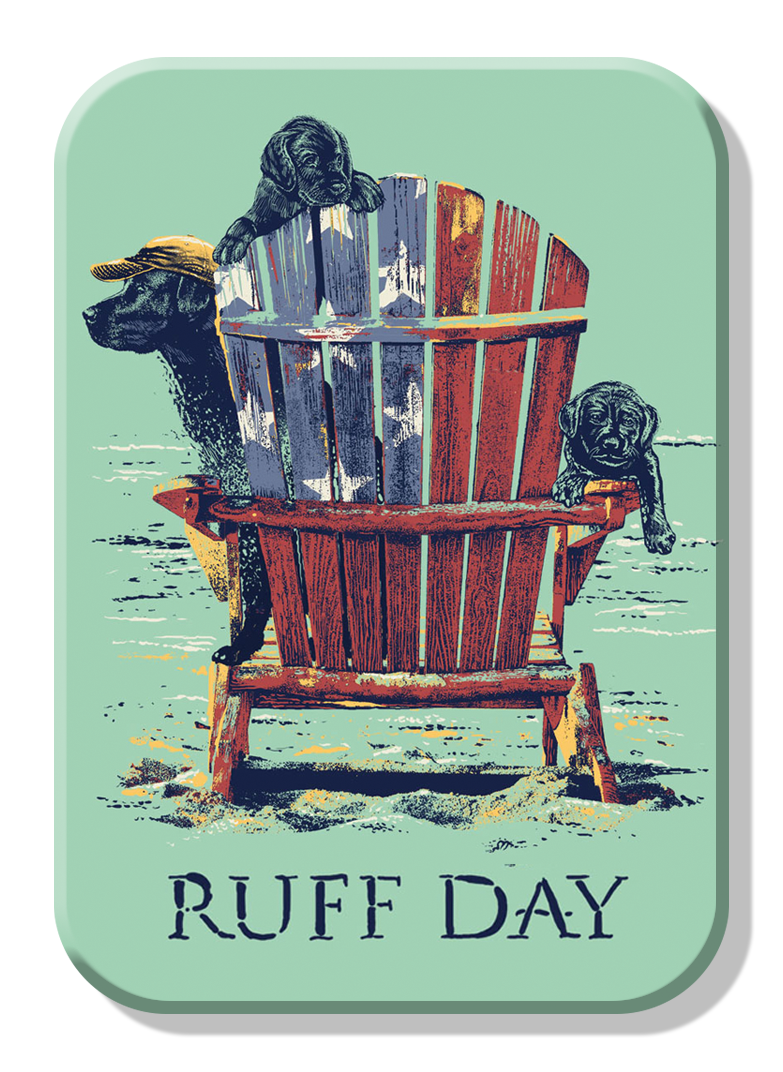Two dogs on a beach chair with Ruff Day text.