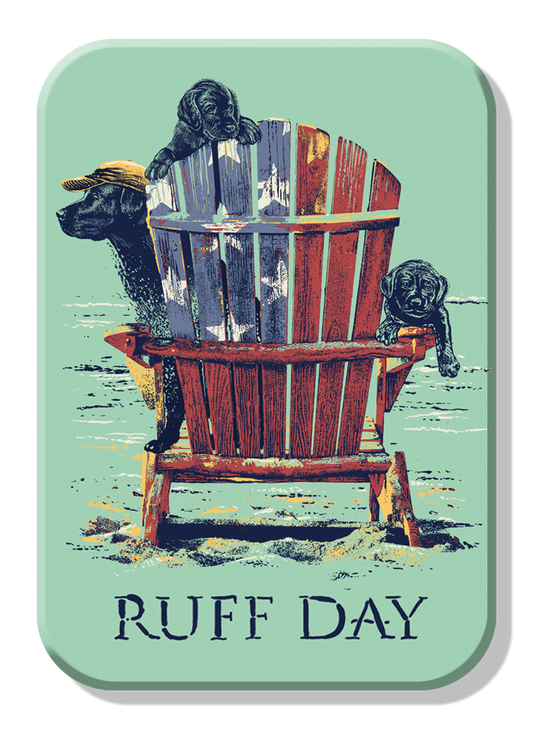 Two dogs on a beach chair with Ruff Day text.