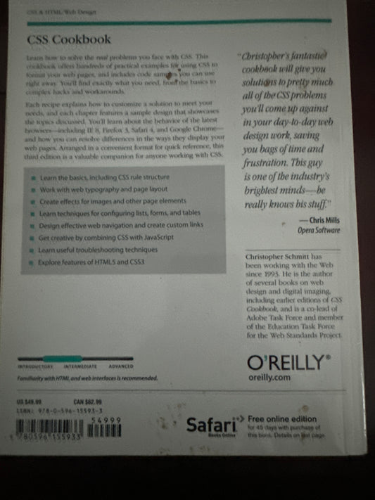 Back cover of CSS Cookbook by Christopher Schmitt, OReilly Media.