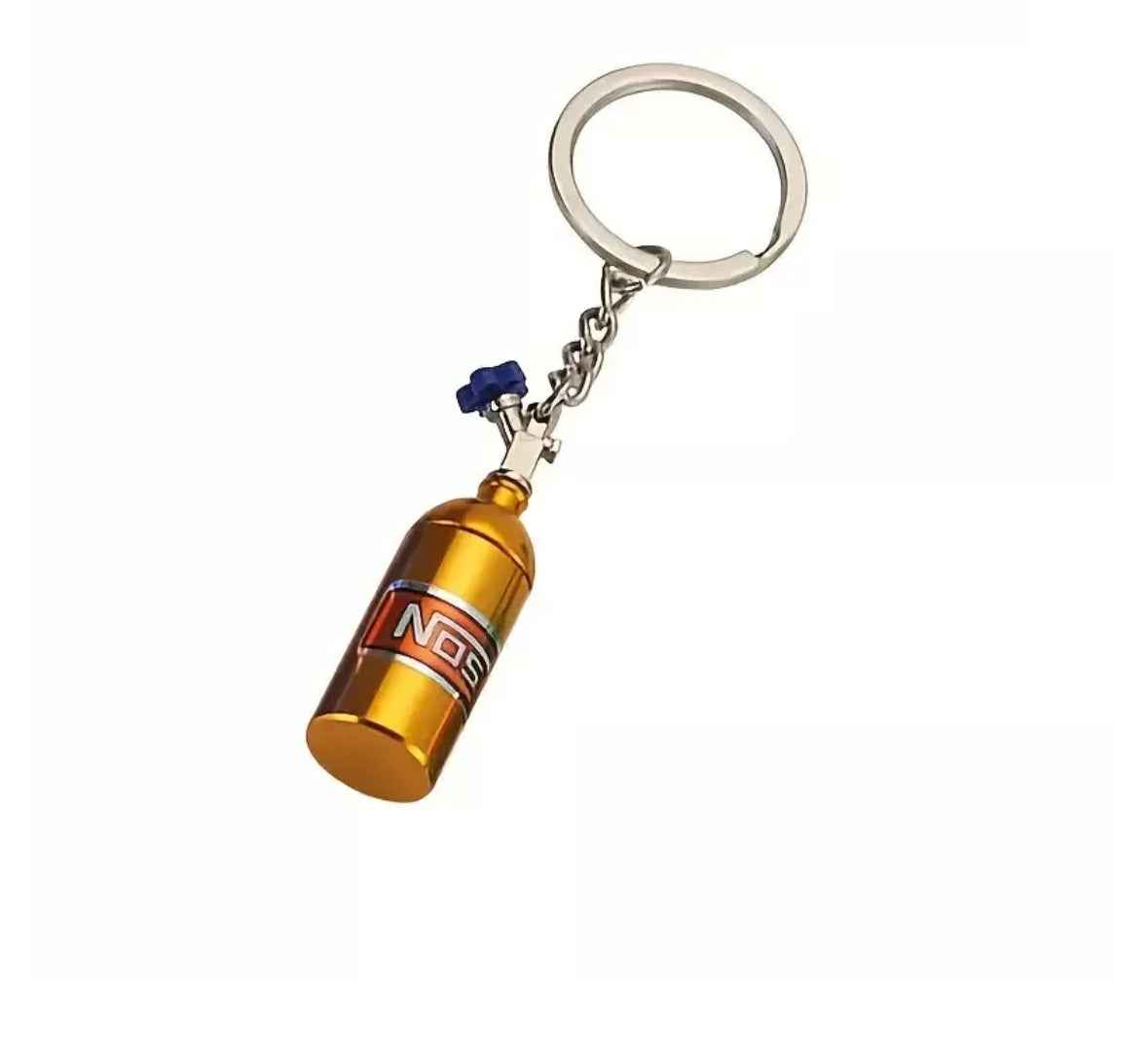 Gold NOS nitrous oxide bottle keychain with blue cap.