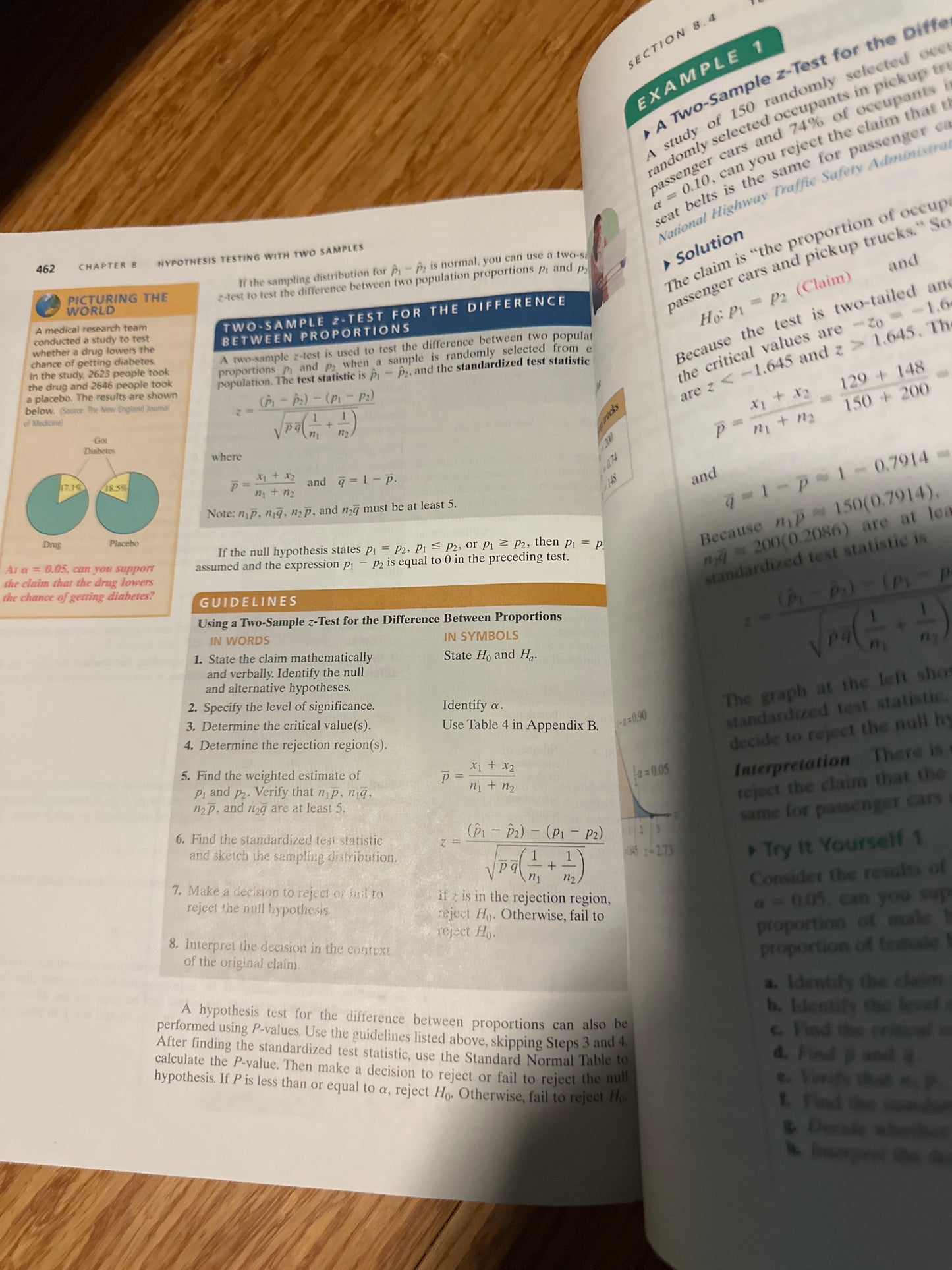 Open textbook page on hypothesis testing with two samples, focusing on proportions.