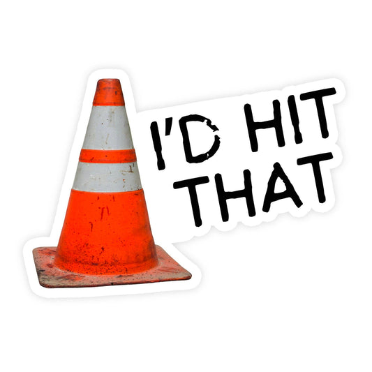 Orange traffic cone with ID HIT THAT sticker.