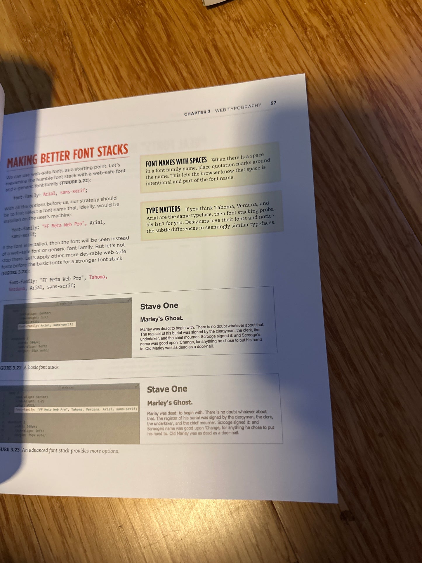 Open book on web typography, focusing on font stacks and examples.