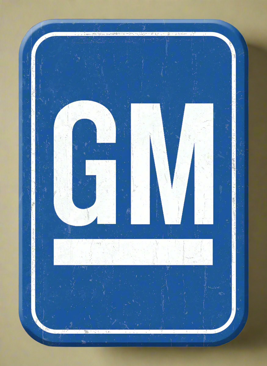 Blue GM logo sign with distressed texture.