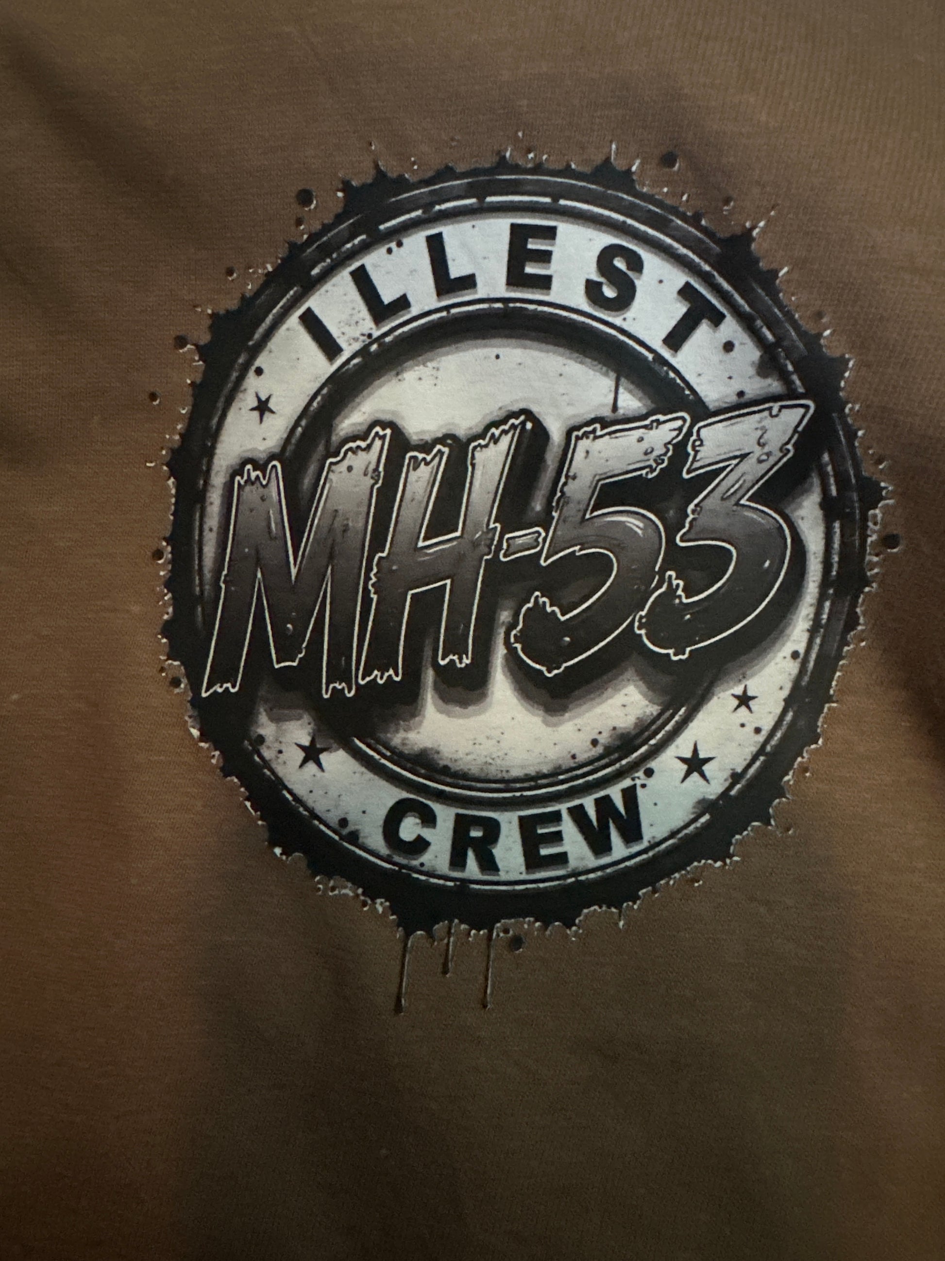 Brown t-shirt with Illest MH-53 Crew logo in black and white.