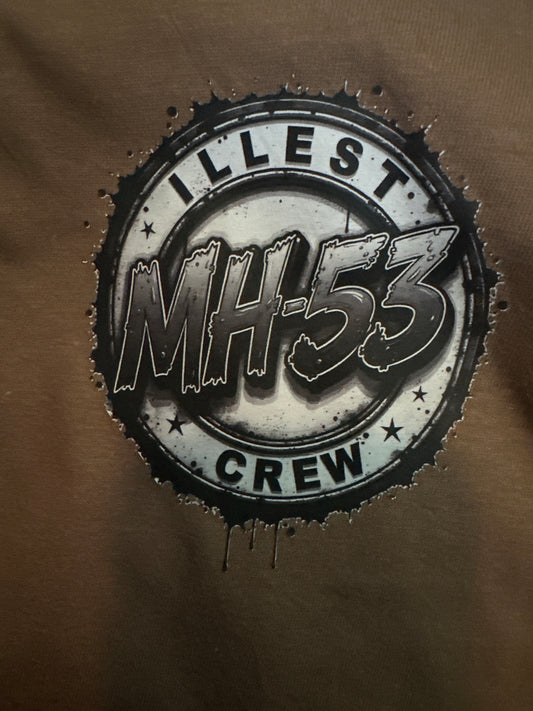 Brown t-shirt with Illest MH-53 Crew logo in black and white.