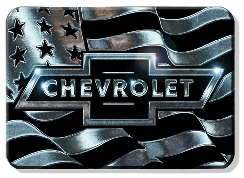 Chevrolet logo with American flag design in metallic finish.