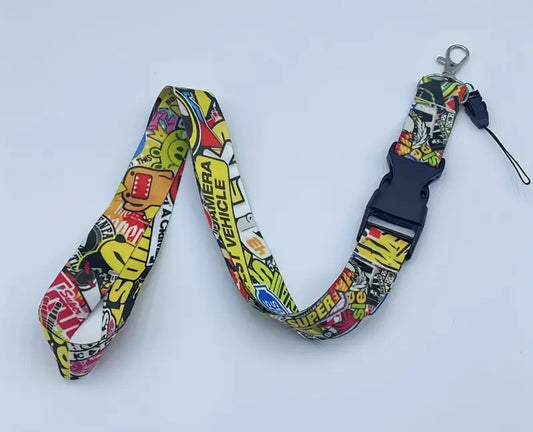 Colorful comic-themed lanyard with cartoon characters and text.