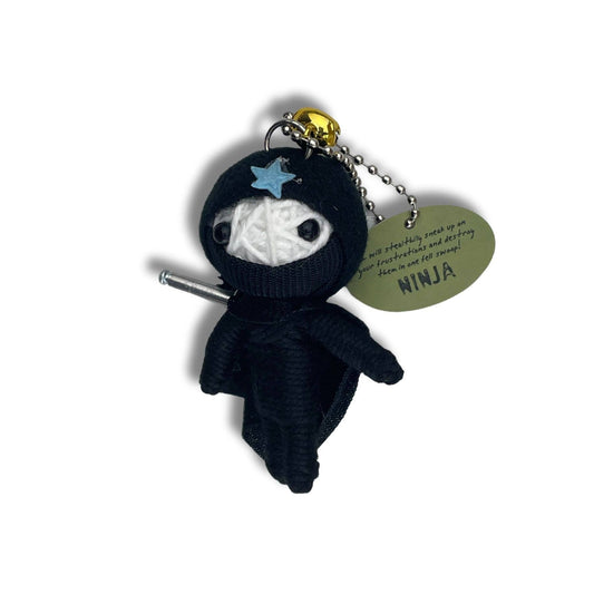 Black ninja plush keychain with star and sword, hanging from a chain.