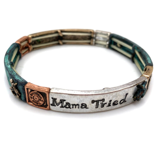 Vintage Mama Tried bracelet with green and copper accents.
