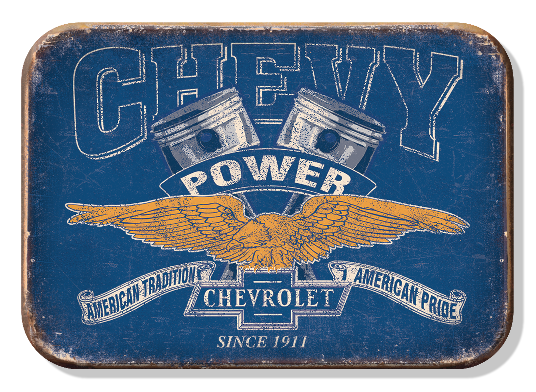 Vintage Chevrolet Chevy Power sign with eagle and pistons.