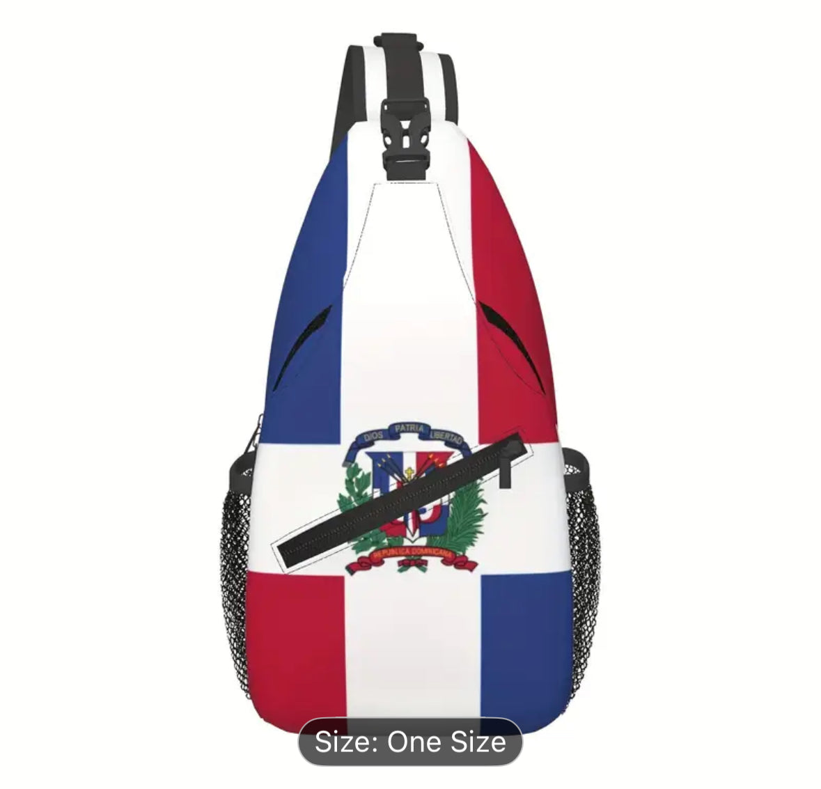 Dominican flag-themed sling bag with mesh pockets and adjustable strap.