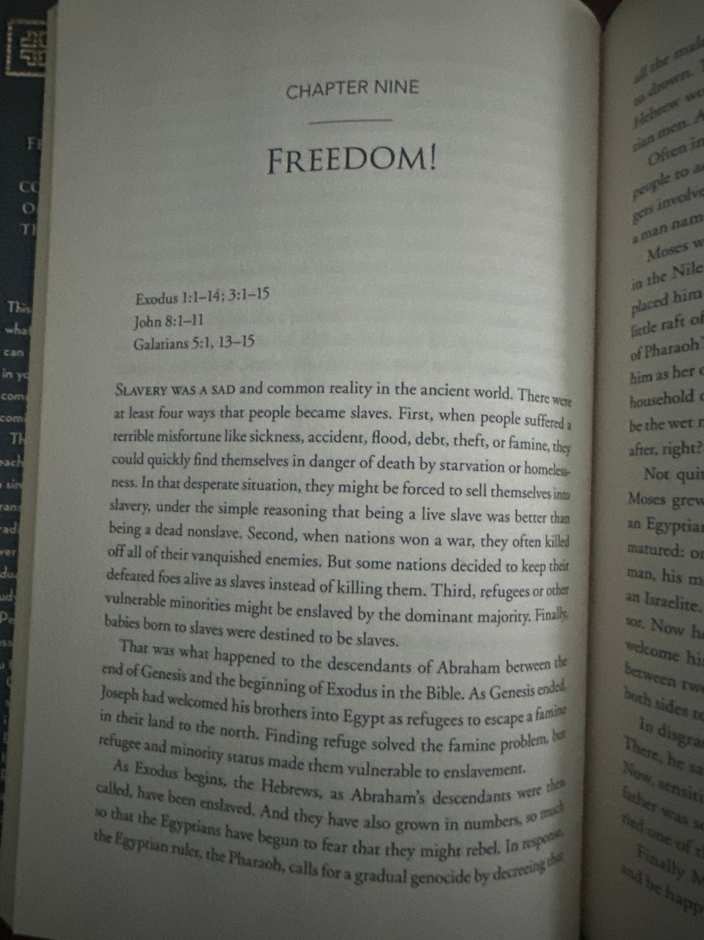 Open book displaying Chapter Nine Freedom with biblical references.