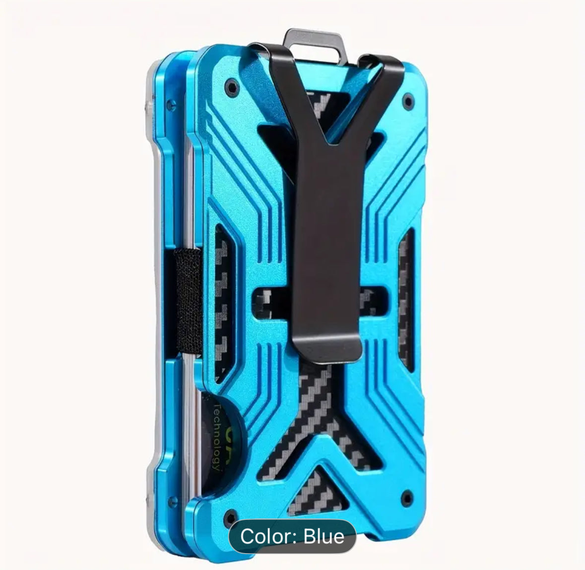 Blue aluminum phone case with black stand and carbon fiber accents.